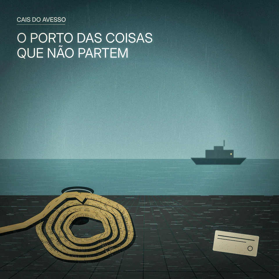 Capa do álbum O Porto das Coisas Que Não Partem — corda no cais, chuva e barco ao longe
