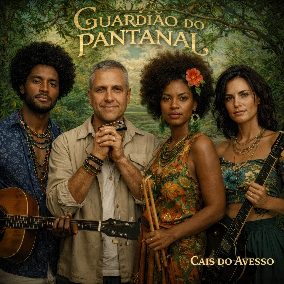 Capa do álbum Guardião do Pantanal — grupo com instrumentos em paisagem verde do Pantanal