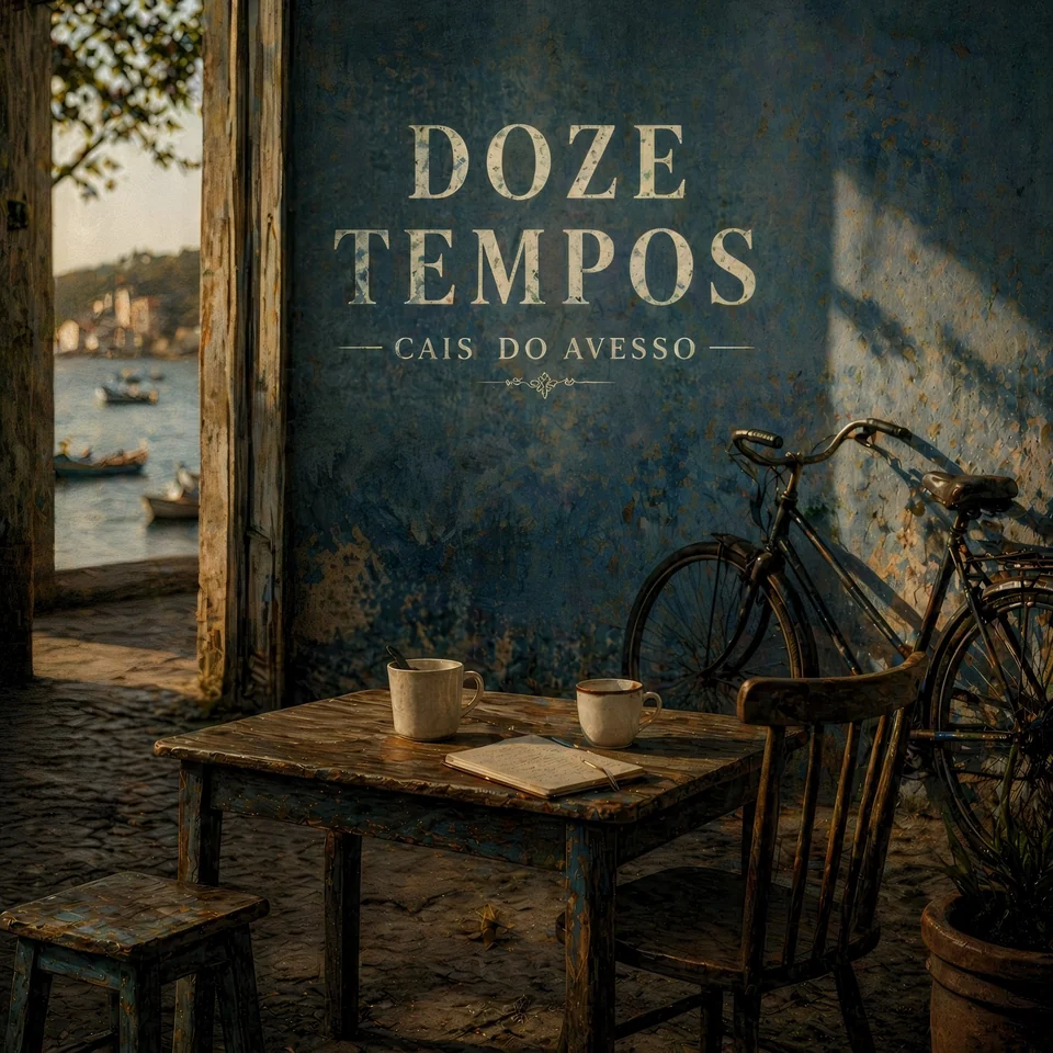 Capa do álbum Doze Tempos — mesa, xícaras, bicicleta, parede azul